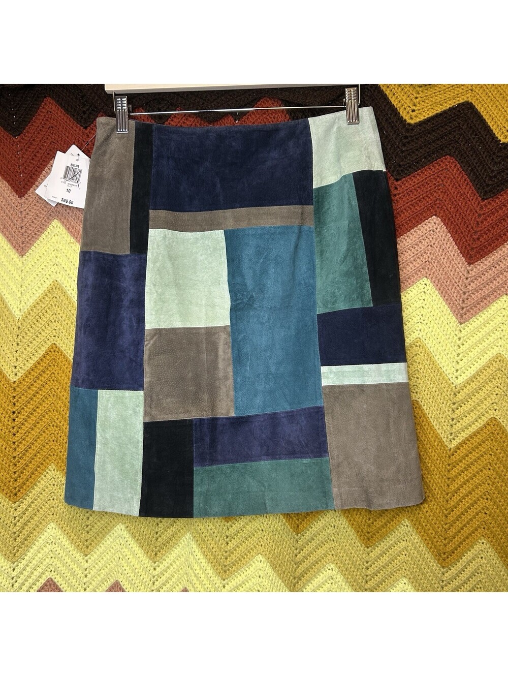 Rare Alfani Suede Leather Vintage Y2K Boho Multicolored Skirt (Sz 10) Patchwork